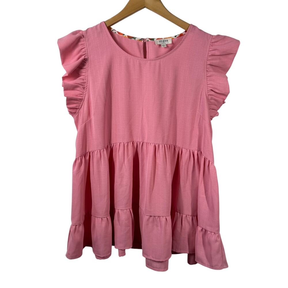 Umgee Preppy Ruffle Blouse Women L Pink Spring Office Modest Peasant Cottage
